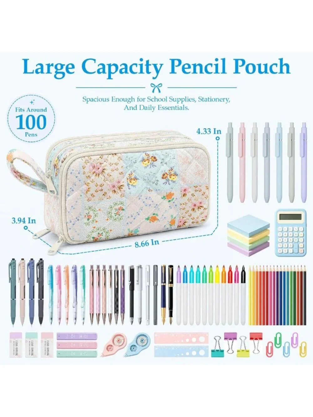 Cute Quilted Pencil Case for Girls | Large Capacity 3 Compartment Organizer